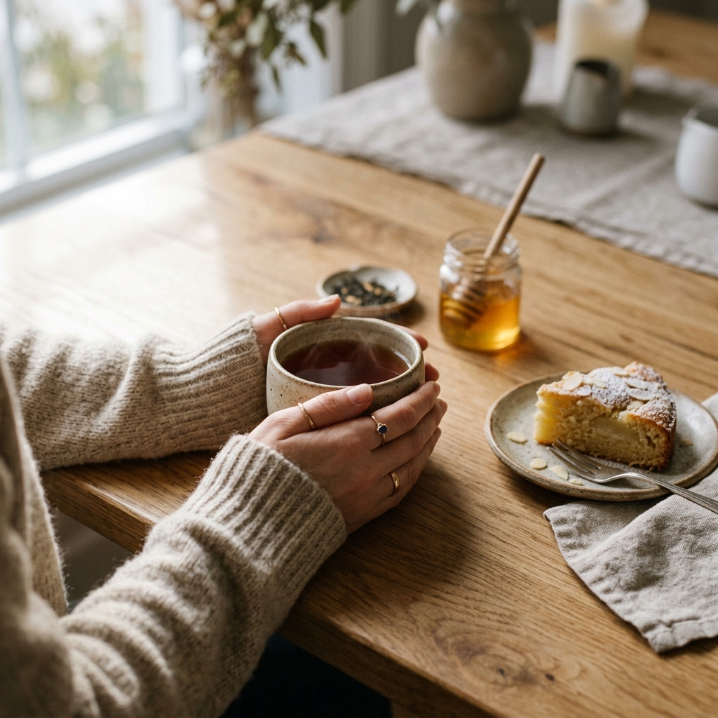 Cozy cafe table with warm tea